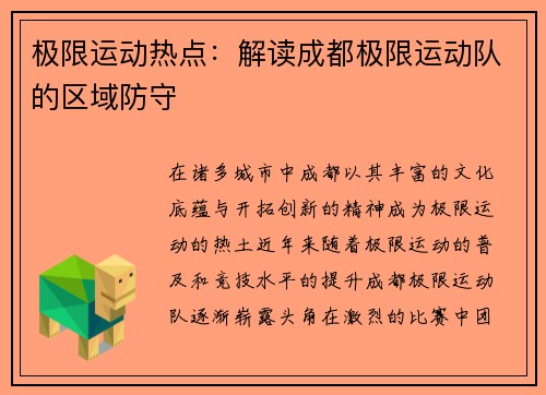 极限运动热点：解读成都极限运动队的区域防守