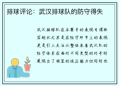 排球评论：武汉排球队的防守得失